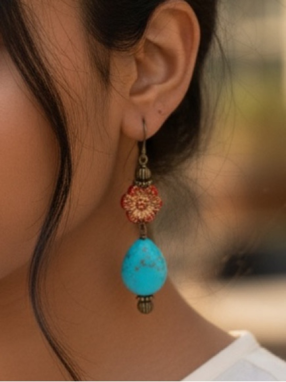 HAND CRAFTED TURQUOISE HOWLITE CZECH GLASS FLOWER DROP EARRINGS Southwestern